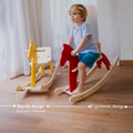 Ergonomic wooden rocking horse toy with backrest and footrest supporting toddler posture while rocking.