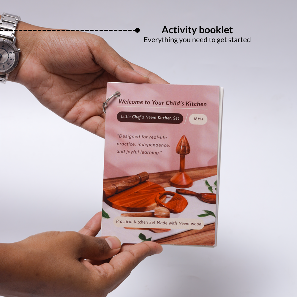 Activity booklet included with Little Chef’s Neem Kitchen Set showing step-by-step Montessori practical life kitchen activities for children 18 months and above