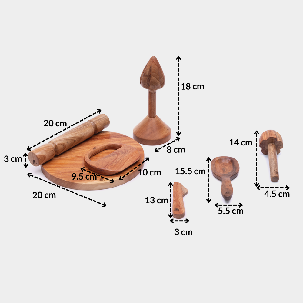 Dimensions of Little Chef’s Neem Kitchen Set showing sizes of rolling pin, cutting board, lemon squeezer, butter knife, rice ladle and churner designed as child-sized Montessori kitchen tools