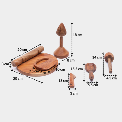 Dimensions of Little Chef’s Neem Kitchen Set showing sizes of rolling pin, cutting board, lemon squeezer, butter knife, rice ladle and churner designed as child-sized Montessori kitchen tools