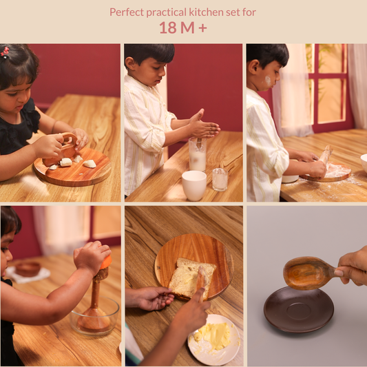 Children using Little Chef’s Neem Kitchen Set for Montessori practical life activities including cutting, churning, rolling dough, spreading butter and serving food, suitable for 18 months and above