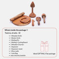 Contents of Little Chef’s Neem Kitchen Set showing wooden knife, butter knife, rolling pin, rolling board, churner, lemon squeezer with stand, rice ladle, jute organiser bag and activity booklet for Montessori kitchen activities