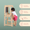 Toddler climbing Montessori learning tower promoting independence, exploration and parent child bonding.