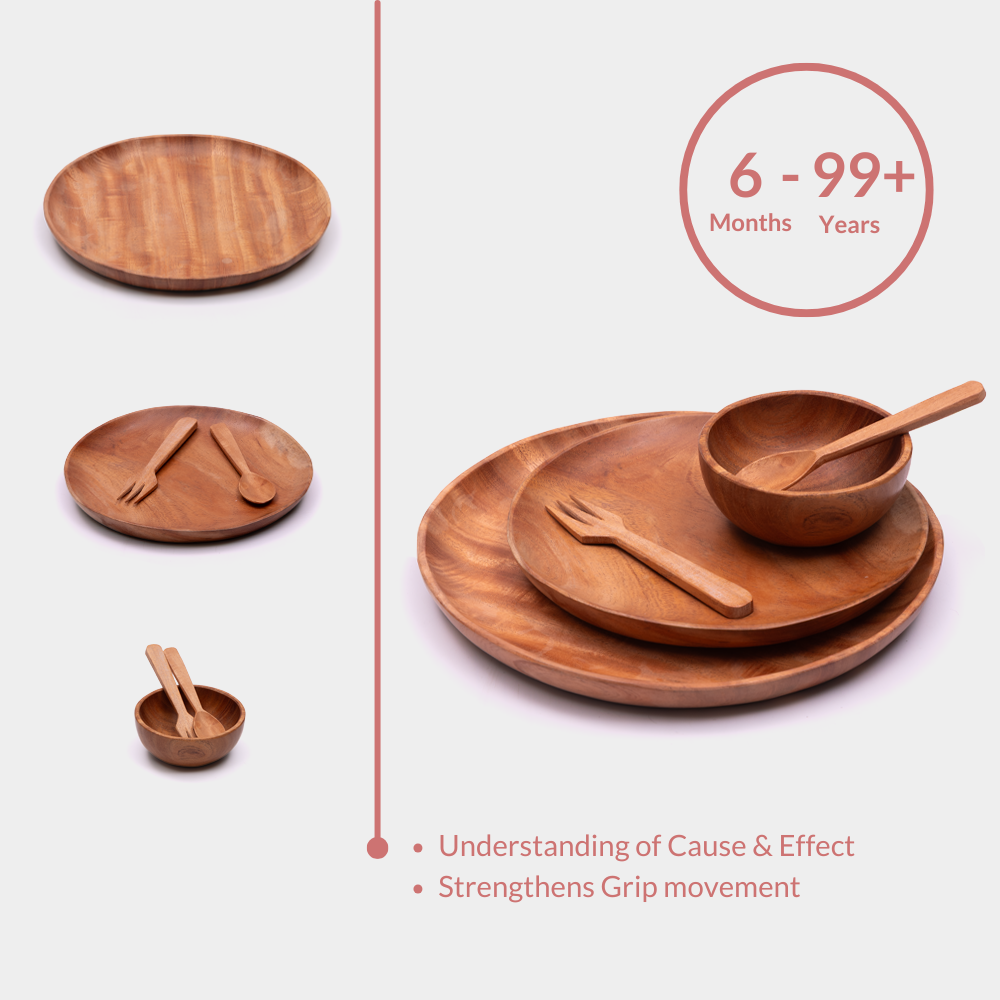 Neem wood Montessori baby dinner set with plates, bowl and cutlery for babies 6 months and above – supports grip strength and cause-effect learning.