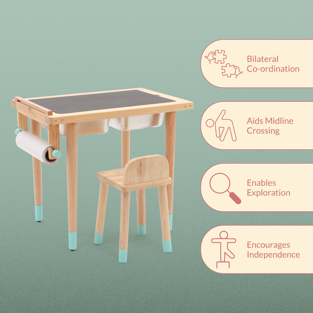 Wooden Montessori sensory table for toddlers designed to encourage independence, bilateral coordination, midline crossing and exploratory sensory play.