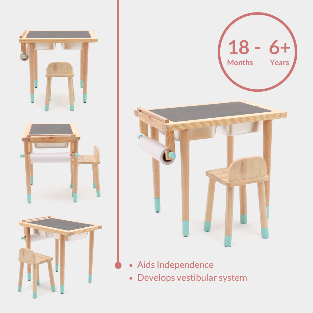 Montessori sensory play table with stool for toddlers aged 18 months to 6 years featuring chalkboard activity surface, sensory bins and paper roll holder.
