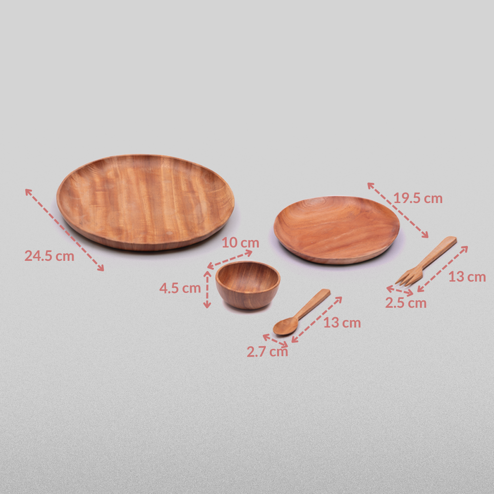 Dimensions of Ariro neem wood baby dinner set including large plate, small plate, bowl, spoon and fork.