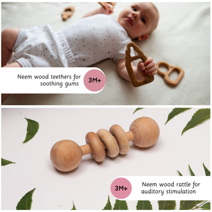 Baby holding neem wood teether for soothing gums and wooden rattle for auditory stimulation designed as natural Montessori toys for babies 3 months and above