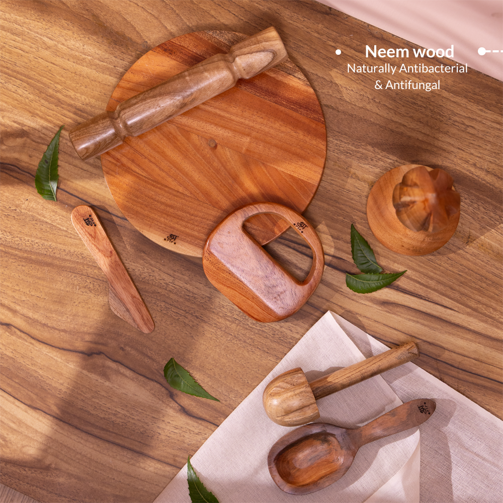 Little Chef’s Neem Kitchen Set with rolling pin, board, butter knife, churner, rice ladle and lemon squeezer made from naturally antibacterial neem wood for Montessori practical life activities