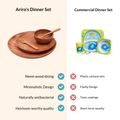 Comparison between Ariro neem wood dinner set and plastic baby dinner set highlighting natural antibacterial wood and minimal design.