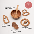 neem nurture kit contains wooden teethers , interlocking discs , rattles , wooden bowl and spoon 