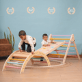 Pikler Triangle – wooden climbing and sliding playset for toddlers engaged in climbing and balancing activity indoors.