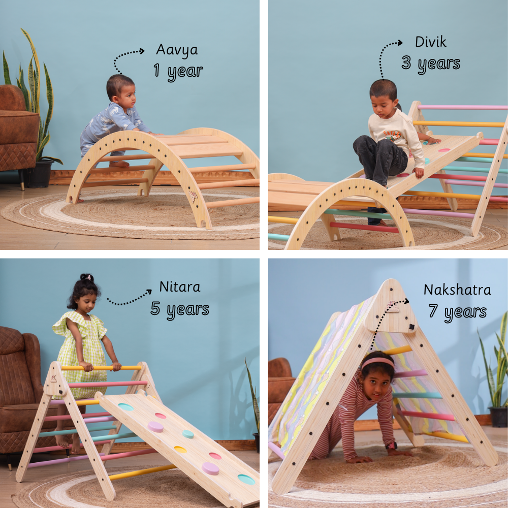Pikler Triangle – versatile wooden climber  used by kids from 9 months to 12 years for climbing, sliding, rocking, and imaginative play