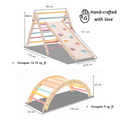 Pikler Triangle ,handcrafted wooden climbing set with slide and arch includes detailed dimensions and space occupied for indoor play.