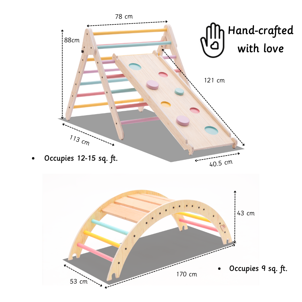Pikler Triangle ,handcrafted wooden climbing set with slide and arch includes detailed dimensions and space occupied for indoor play.
