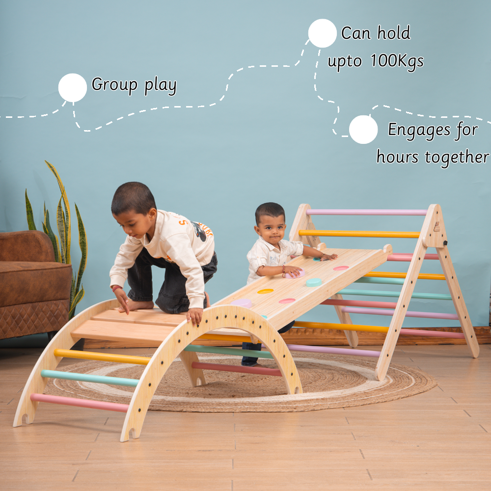 Pikler Triangle – sturdy wooden playset for toddlers ,supports group play, holds up to 100kgs, and keeps kids engaged for hours