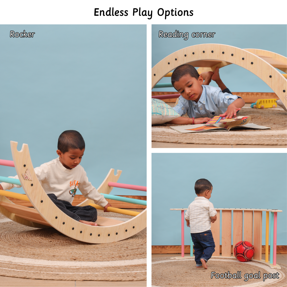 Pikler arch– multifunctional wooden climber used as rocker, reading corner, and football goal post 