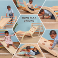 Collage of toddlers using a wooden Pikler Triangle in multiple ways—climbing, sliding, crawling under, and balancing—demonstrating gross motor skill development and independent play.