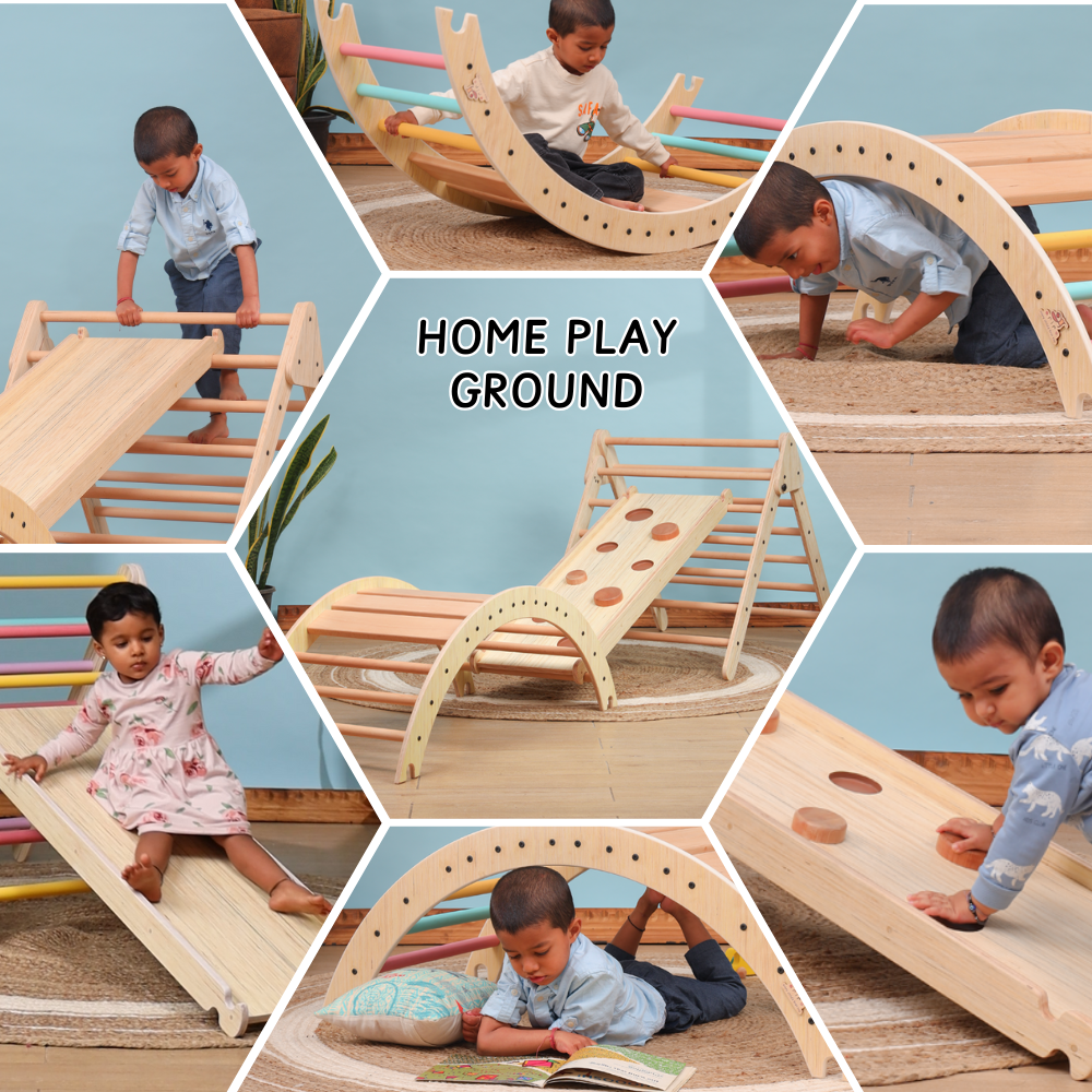Collage of toddlers using a wooden Pikler Triangle in multiple ways—climbing, sliding, crawling under, and balancing—demonstrating gross motor skill development and independent play.
