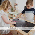 Durable wooden Montessori sensory activity table with ergonomic design and chalkboard surface for art, sensory play and creative learning.