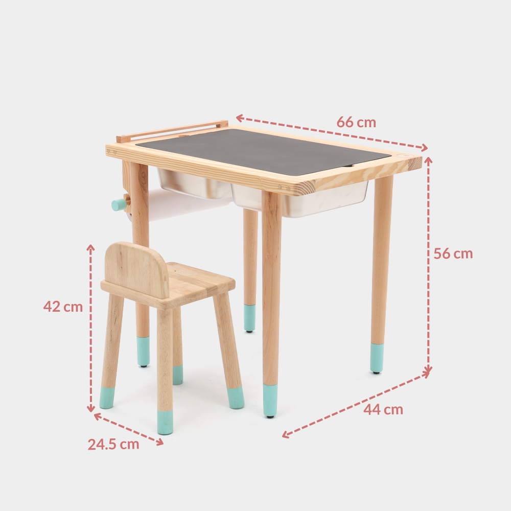 Dimensions of wooden Montessori sensory table and toddler stool showing compact design ideal for sensory play, art activities and learning.