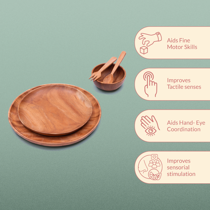 Ariro wooden baby dinner set made from neem wood supporting fine motor skills, tactile senses and hand eye coordination