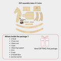 Wooden rocking horse DIY assembly kit with parts including head seat legs arc handles and tool kit.