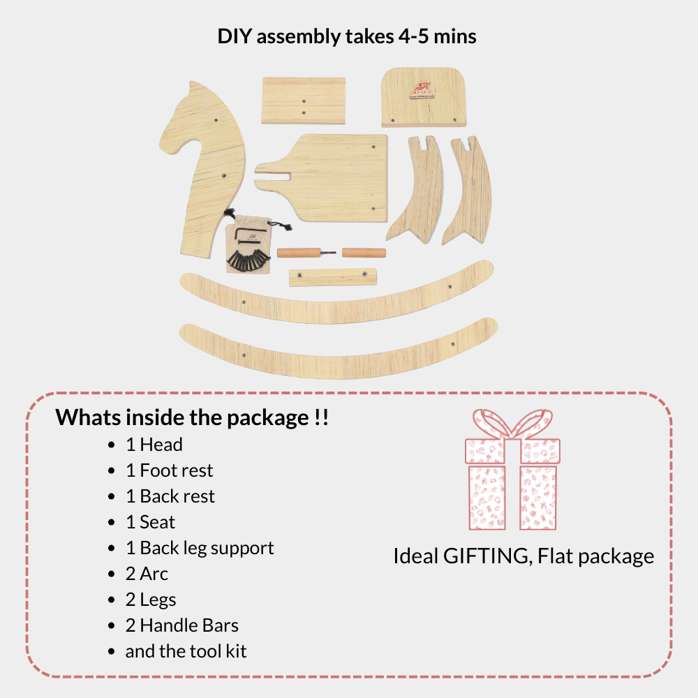 Wooden rocking horse DIY assembly kit with parts including head seat legs arc handles and tool kit.