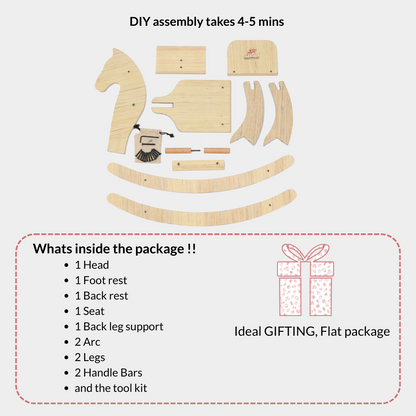 Wooden rocking horse DIY assembly kit with parts including head seat legs arc handles and tool kit.