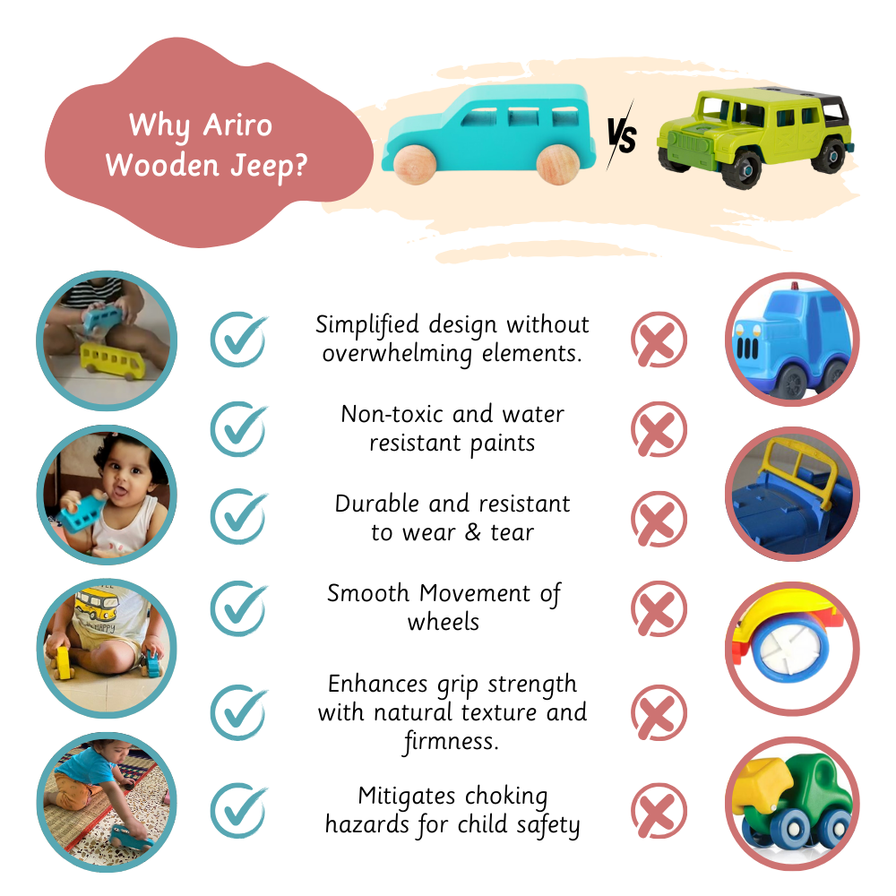Ariro Wooden Vehicle Set features a minimalist design, smooth-rolling wheels, non-toxic paints, and a firm natural grip