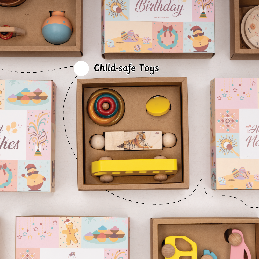 child-safe wooden toys, including a yellow bus, colorful ring stacker, spinning top, and illustrated blocks—all designed for safe, engaging play.










