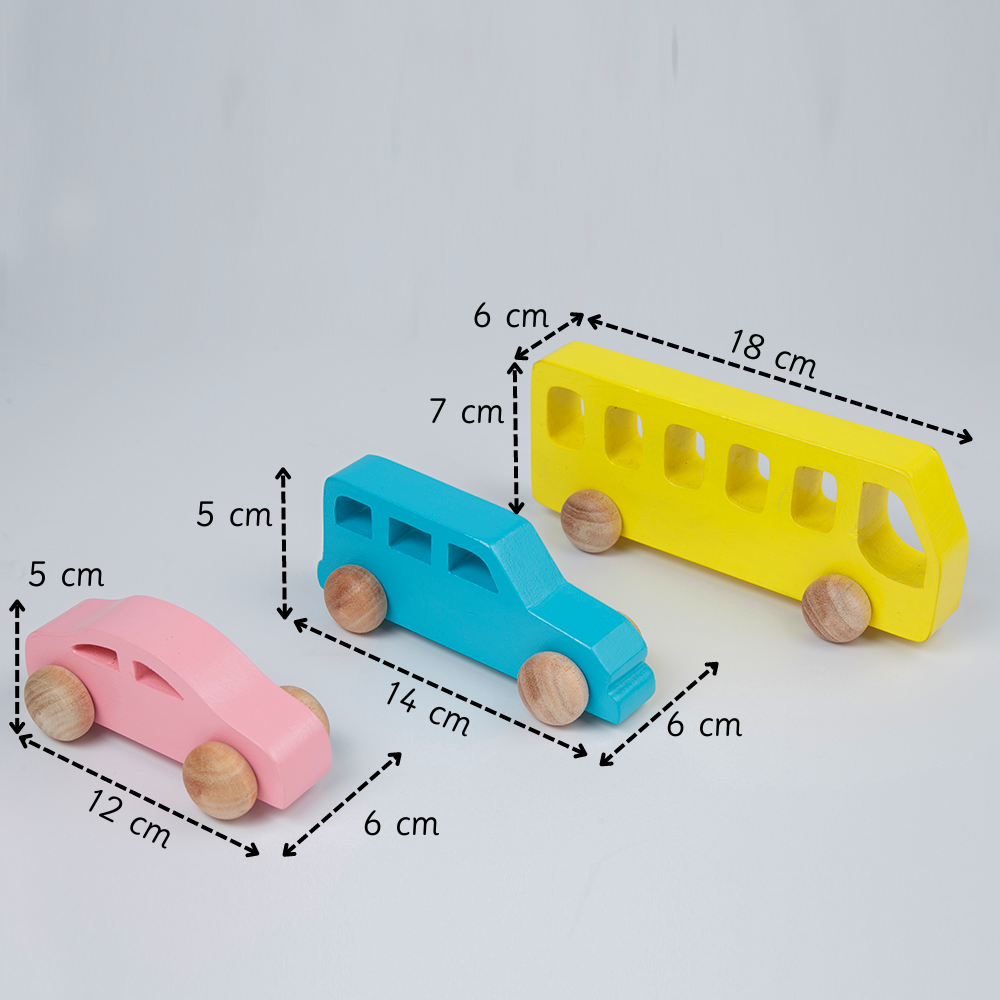 colorful handcrafted wooden vehicles—a pink car, a blue van, and a yellow bus—each with precise measurements, highlighting their child-friendly sizes and smooth design.