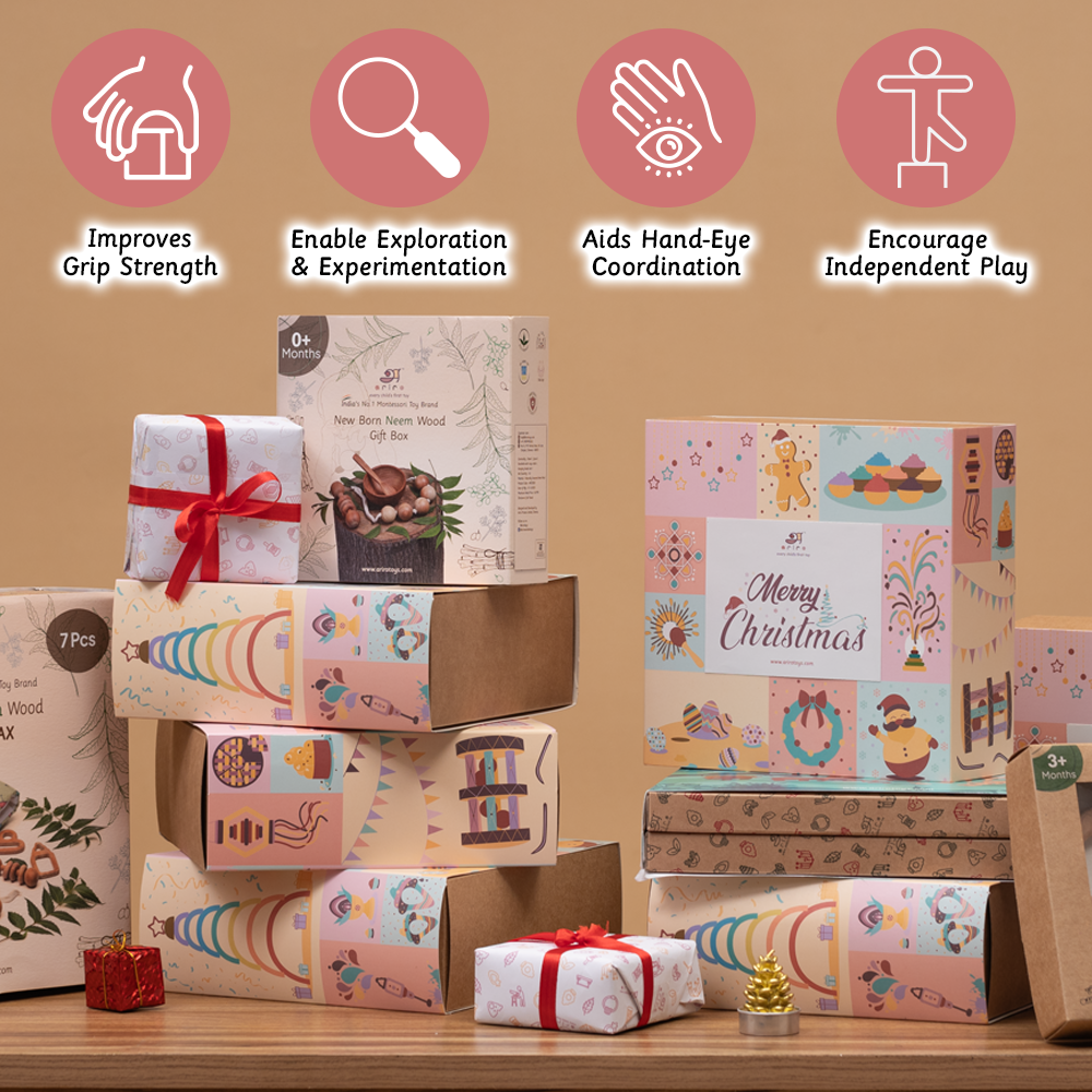 Gift boxes with handcrafted wooden toys designed to improve grip strength encourage independent play and promote sensory development.