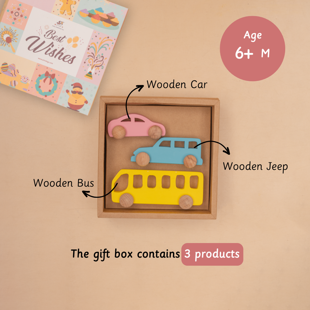 Wooden vehicle gift box set with bus jeep and car designed for babies above six months to promote imaginative and motor play.










