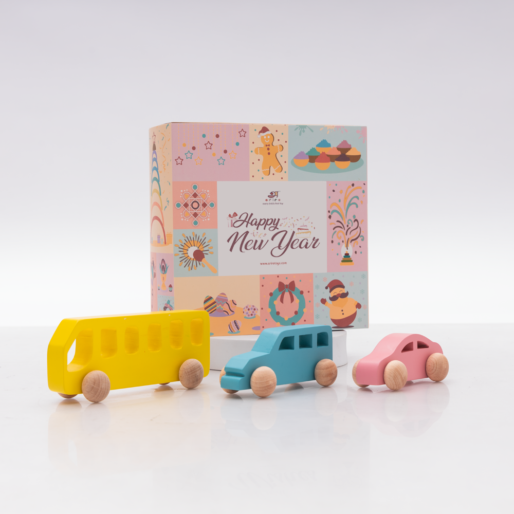Wooden vehicle toy set gift for newyear,with colorful bus car and jeep designed for toddlers to encourage pretend play and motor skill development .