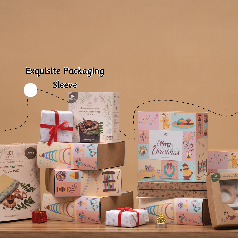 Gift boxes with handcrafted wooden toys designed with exquisite packaging to improve grip strength encourage independent play and promote sensory development.