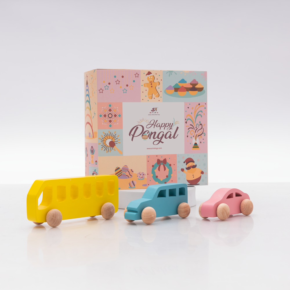 Wooden vehicle toy set gift for pongal ,with colorful bus car and jeep designed for toddlers to encourage pretend play and motor skill development .