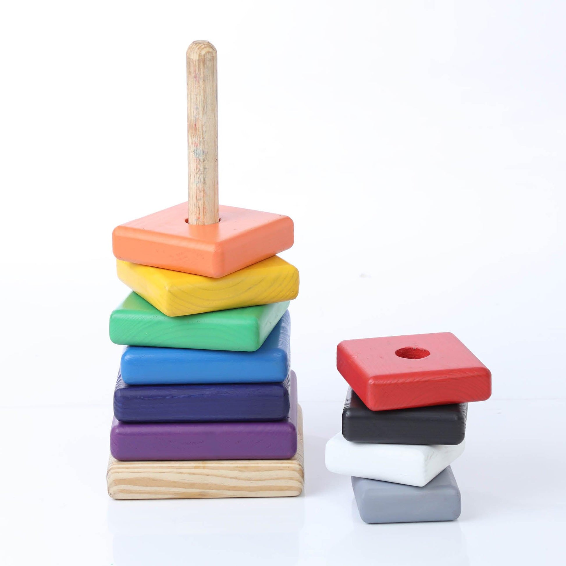 Giant Stacking toy-Colored with square blocks of varying sizes, designed to develop fine motor skills, color recognition, and hand-eye coordination in children.