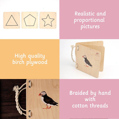 wooden puzzle book, highlighting its construction from high-quality birch plywood, "realistic and proportional" illustrations, and a hand-braided cotton thread binding for durability and natural appeal.