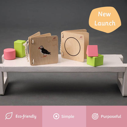  wooden puzzle books highlighting the product's "Eco-friendly," "Simple," and "Purposeful" design.