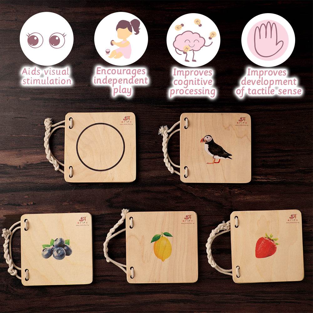 wooden puzzle book designed to aid a baby's visual, cognitive, and tactile development through independent play with pages featuring shapes and realistic illustrations.