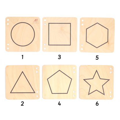 wooden puzzle  book , each featuring a different geometric shape outline: a circle, a triangle, a square, a pentagon, a hexagon, and a star.