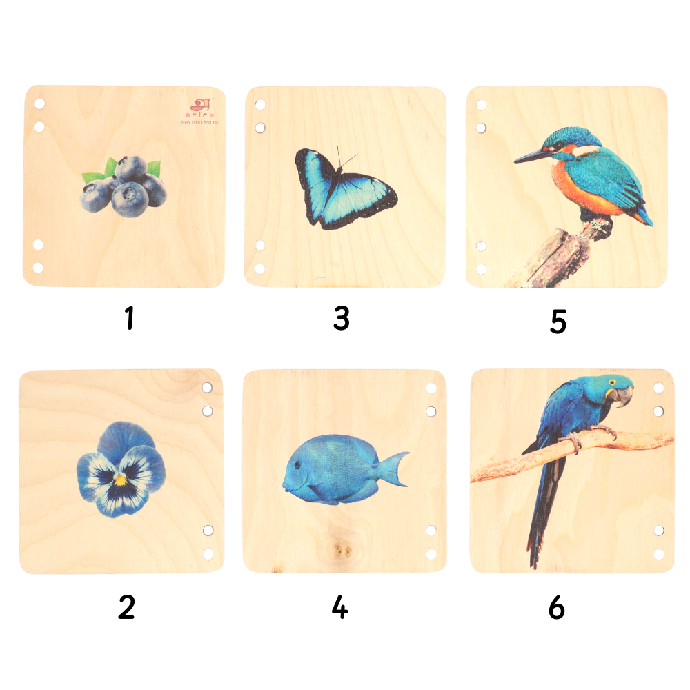wooden puzzle tiles, each depicting a different blue object, such as blueberries, a butterfly, bird , flower , fish  and a macaw.