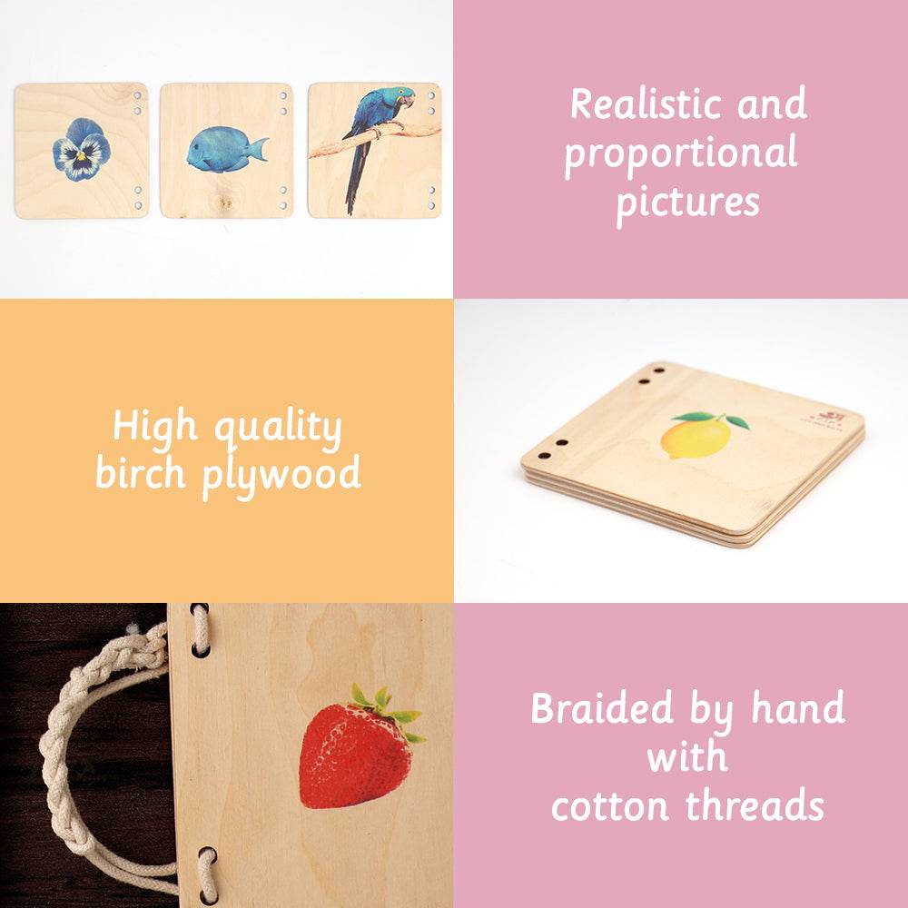 wooden pictorial books , highlighting features like realistic pictures, high-quality birch plywood, and hand-braided cotton threads