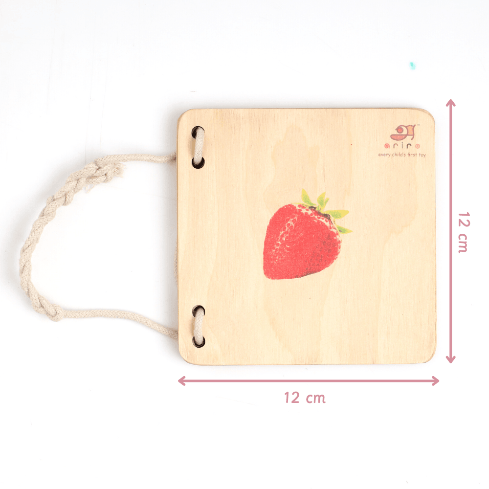 wooden pictorial puzzle set featuring different fruit illustrations, designed prefectly for kids  to aid cognitive development.
