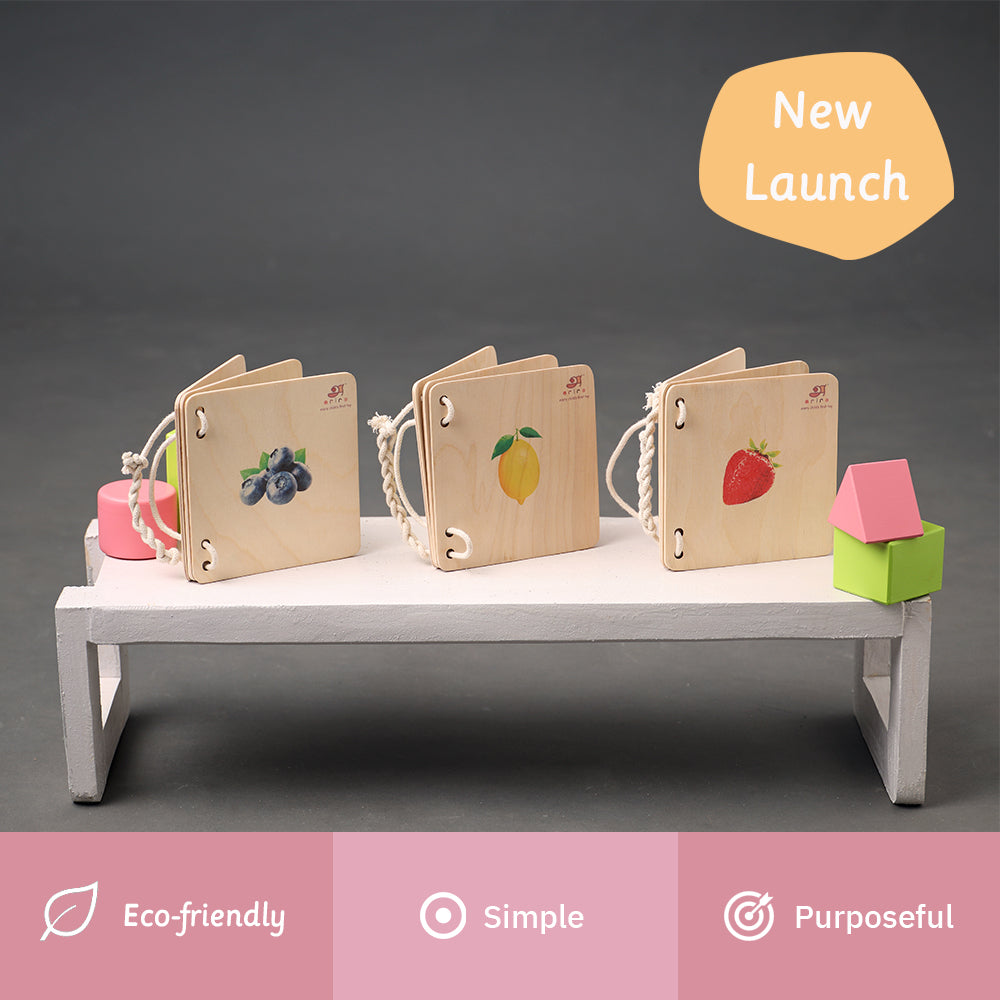 Wooden Pictorial Books which are eco-friendly, simple, and purposeful wooden toy books featuring fruit designs.