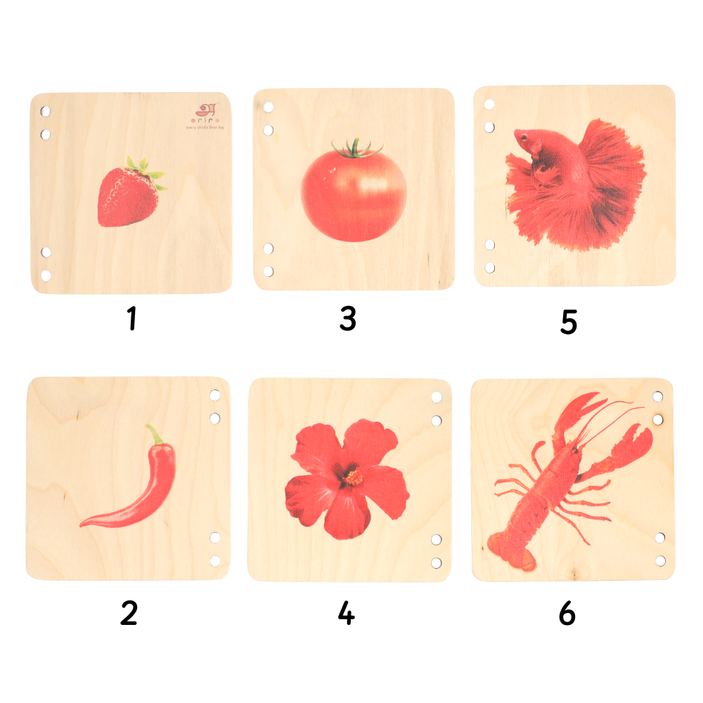  wooden puzzle tiles, all featuring a different red-colored object, including a strawberry, a tomato, fish , chilli , hibiscus and a lobster