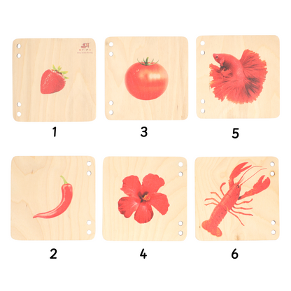  wooden puzzle tiles, all featuring a different red-colored object, including a strawberry, a tomato, fish , chilli , hibiscus and a lobster