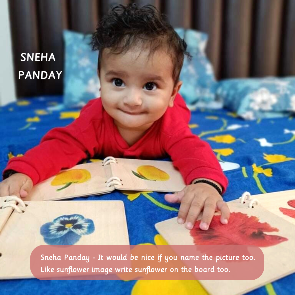 Sneha Panday playing with wooden puzzle books, suggesting that the name of the picture be written on the board.