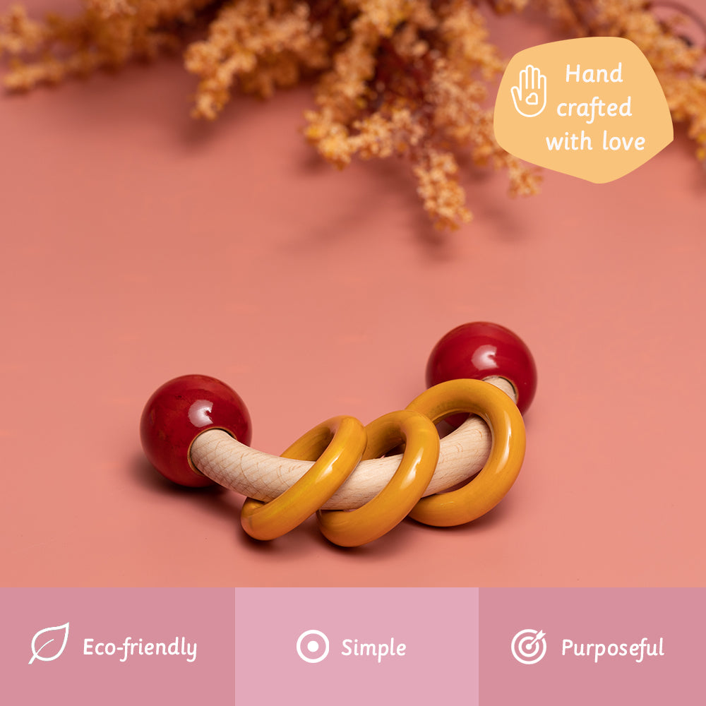 Wooden Rattle - Curvy with Rings